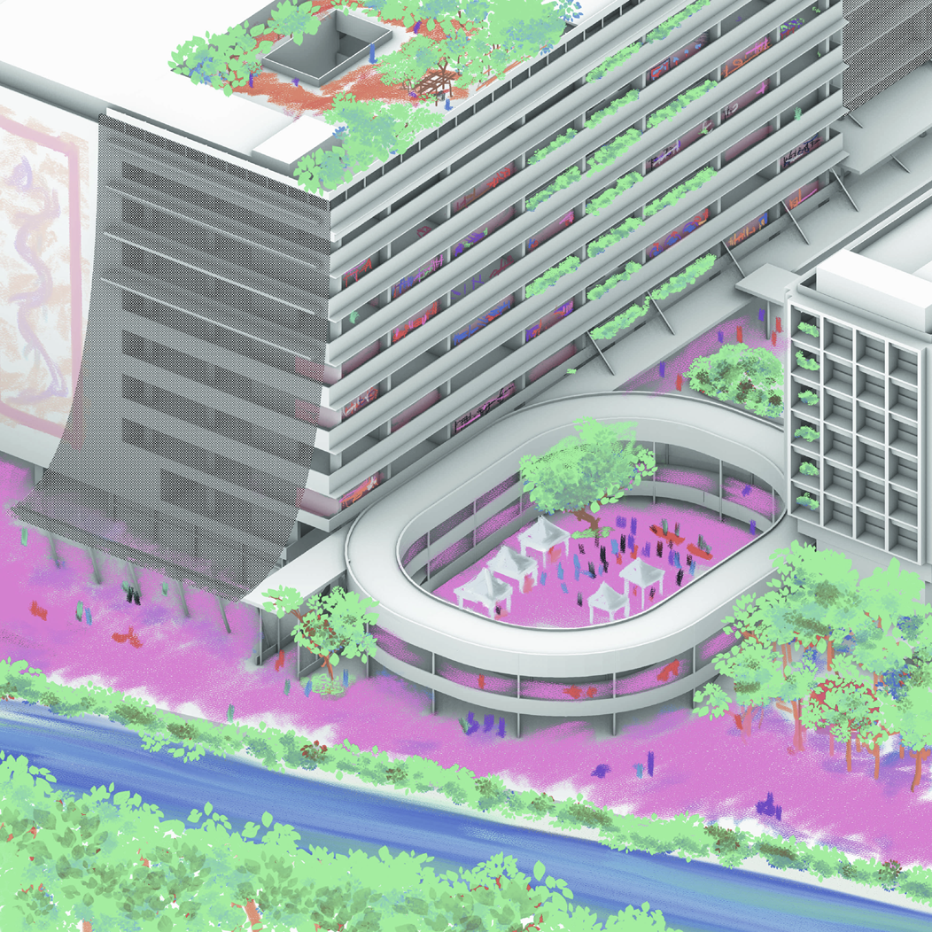 Illustration of a cycling ramp between buildings
